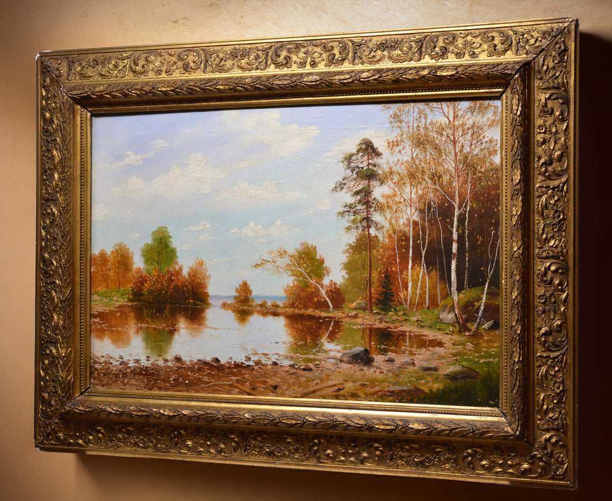 Quiet Backwater Scandinavian Autumn Landscape early 20th century Oil Painting