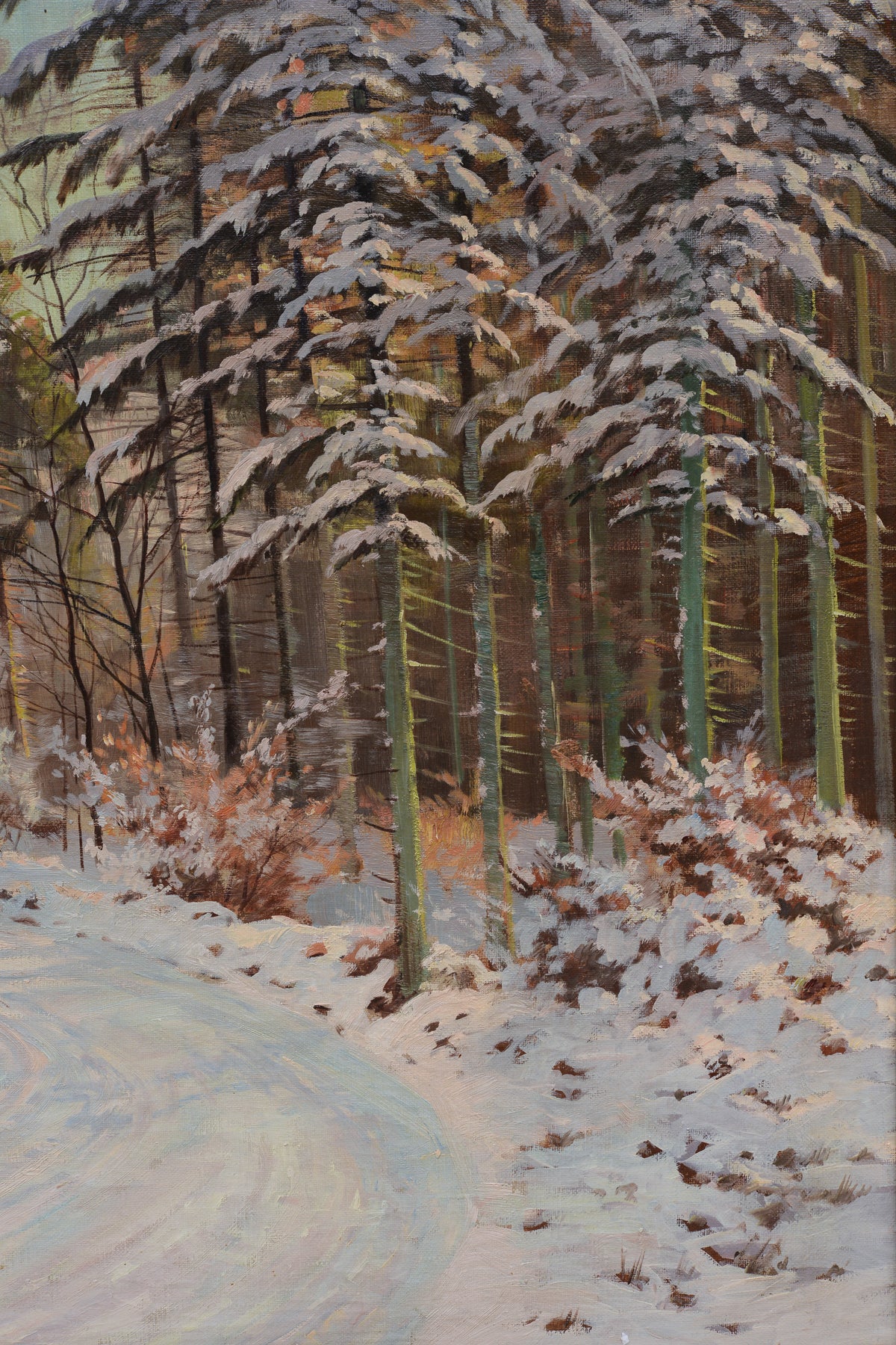 20th Century Large Scandinavian Winter Forest Road Landscape Oil Painting Signed