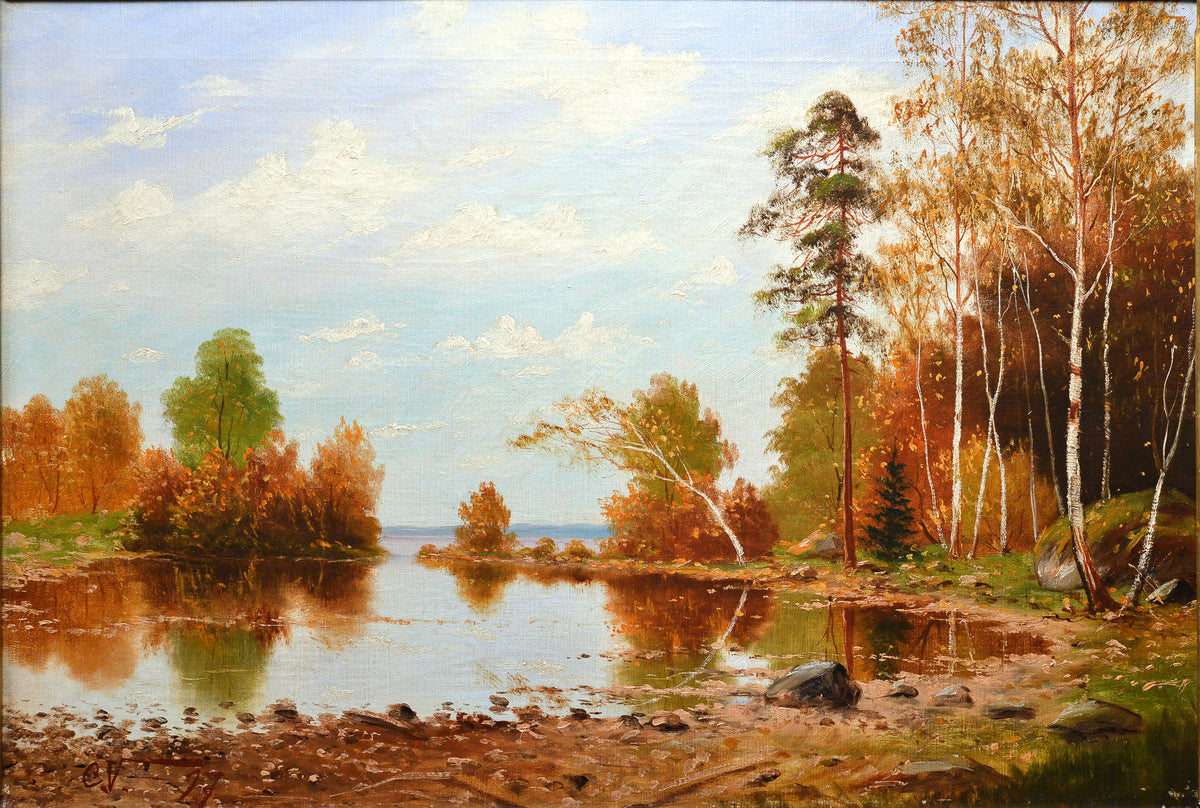 Quiet Backwater Scandinavian Autumn Landscape early 20th century Oil Painting