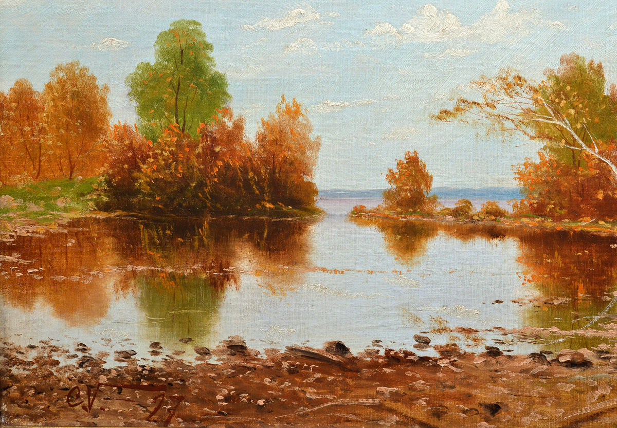 Quiet Backwater Scandinavian Autumn Landscape early 20th century Oil Painting