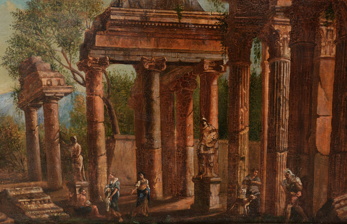 Large Italian Baroque landscape Ancient Roman Ruins 18th century Capriccio