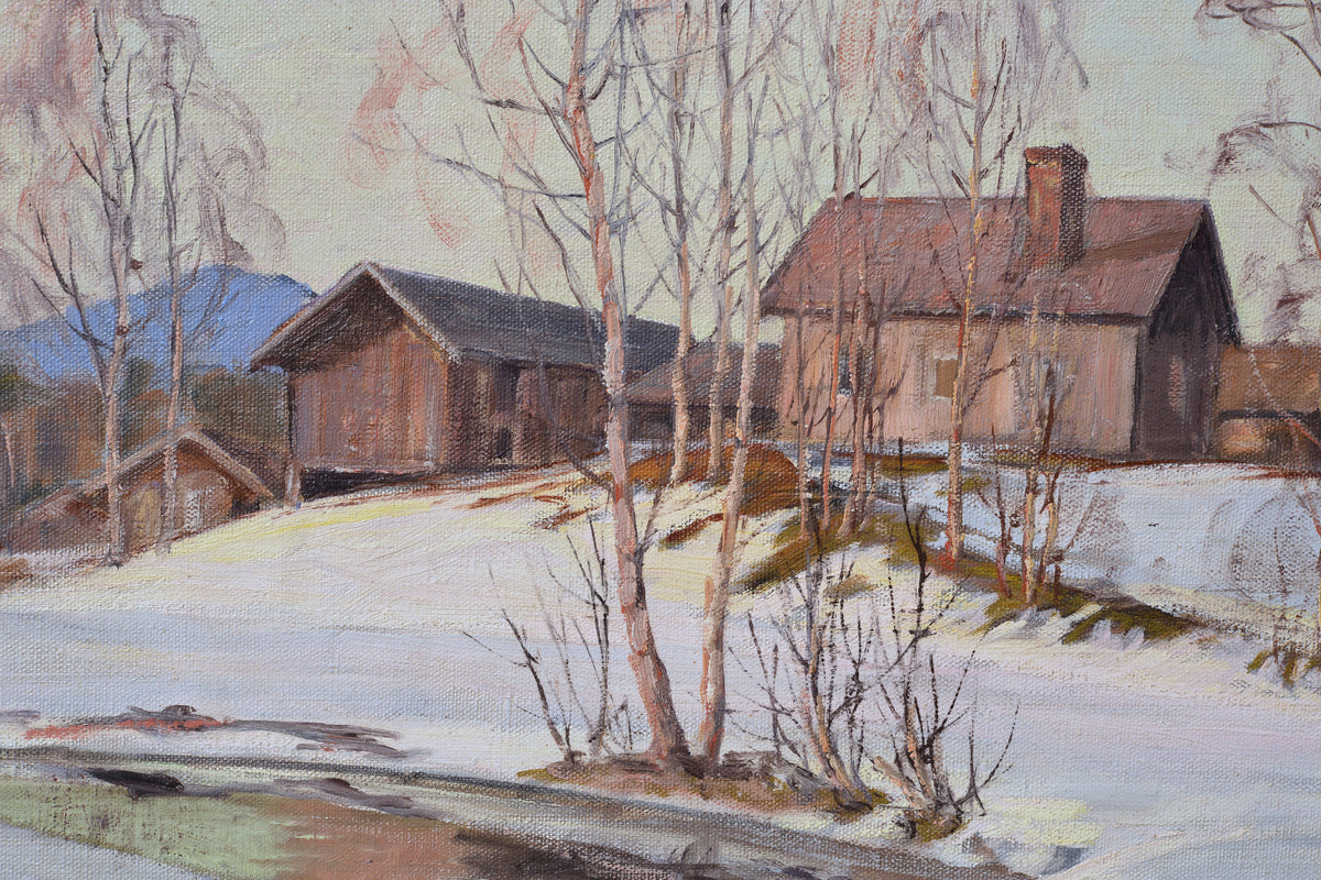 Pink Sunset on River Winter Village Landscape early 20th century Oil Painting