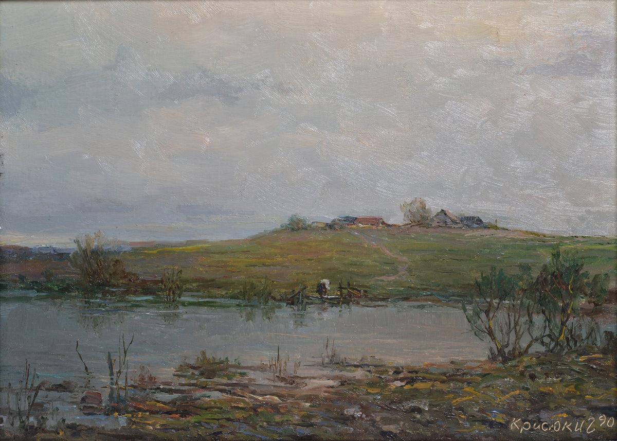 Landscape Village on Hill near Lake 20th century Oil Painting by Russian master