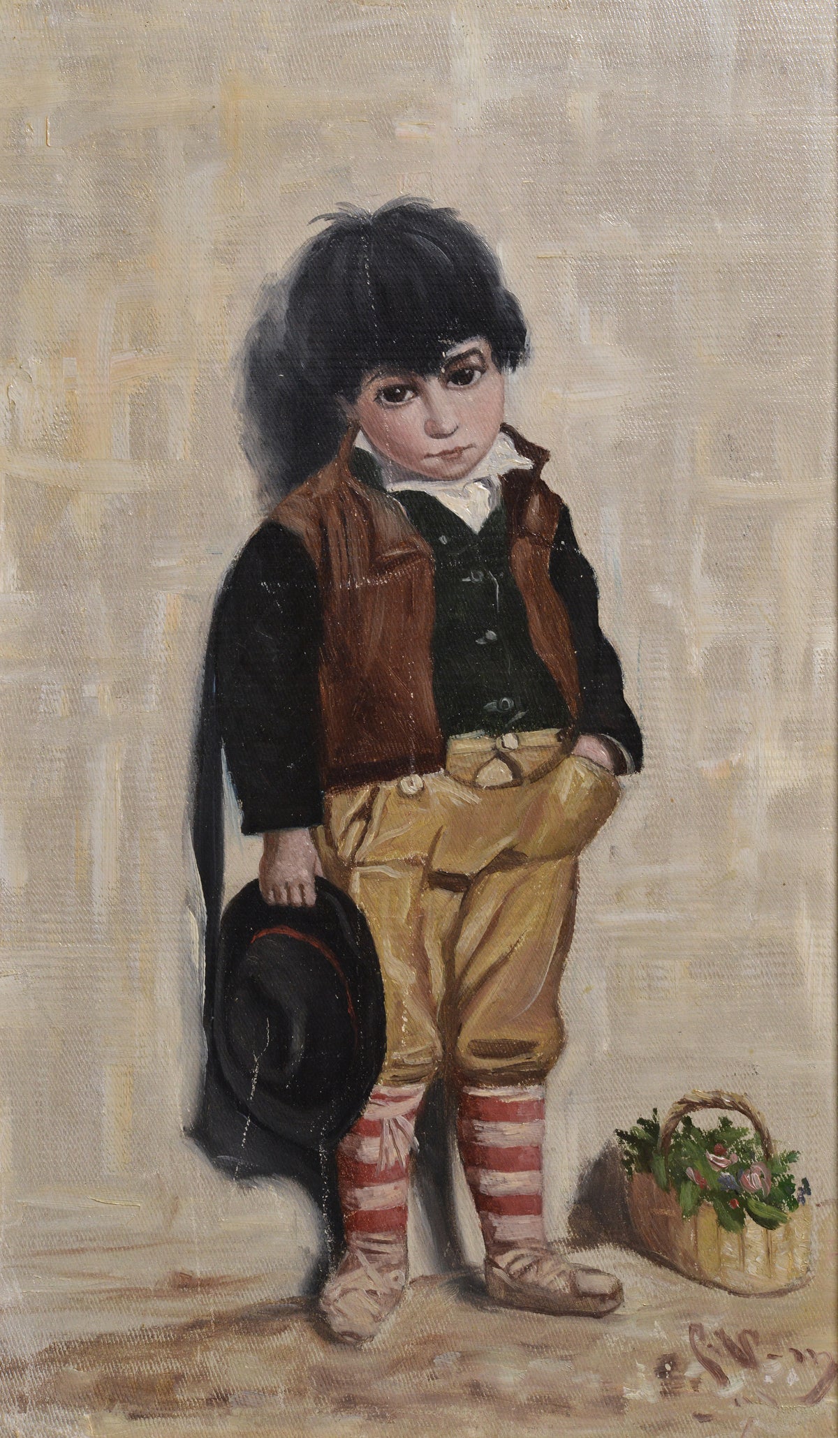 Italian Boy with Basket of Flowers 19th Century Oil Painting Signed Framed