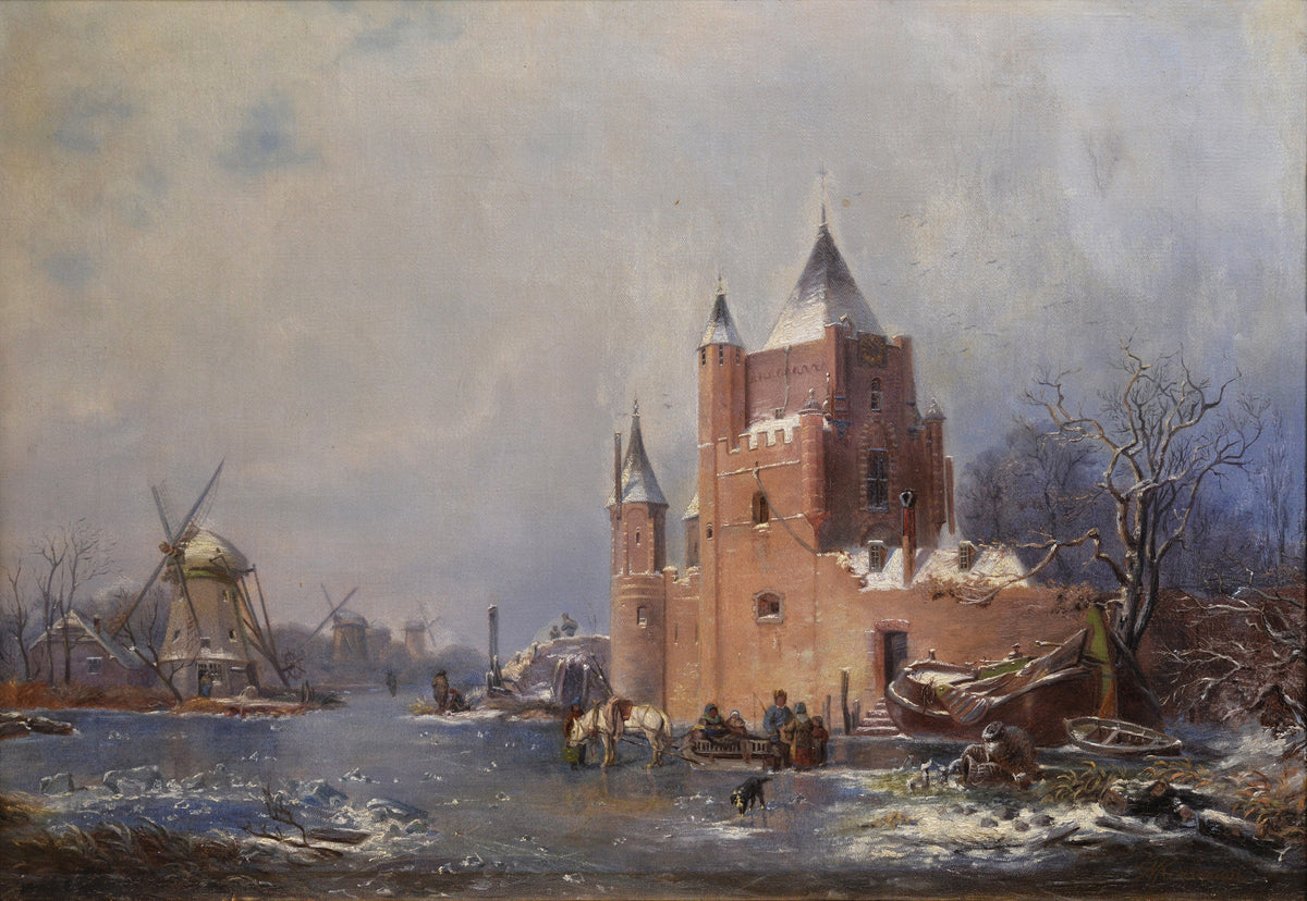 Castle and Windmills at Frozen Pond Dutch Winter Landscape 19th century Oil