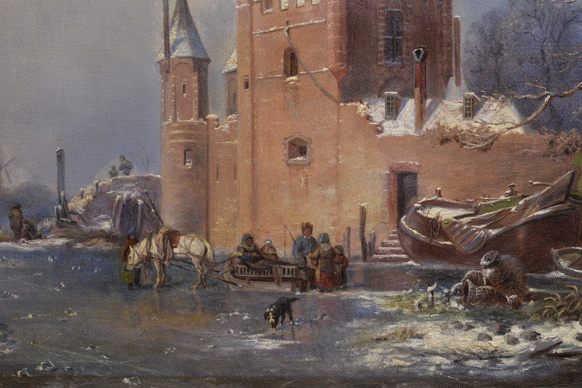 Castle and Windmills at Frozen Pond Dutch Winter Landscape 19th century Oil