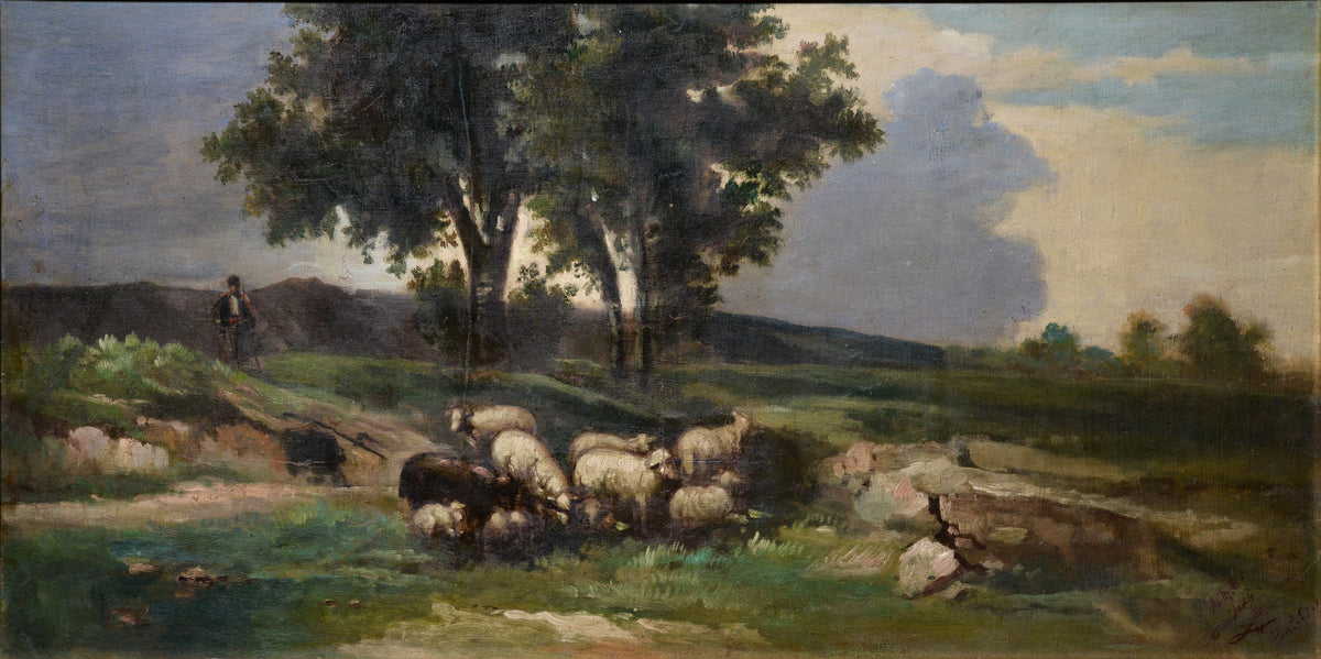 Pastoral landscape Shepherd and Sheep early 20th century Barbizon style