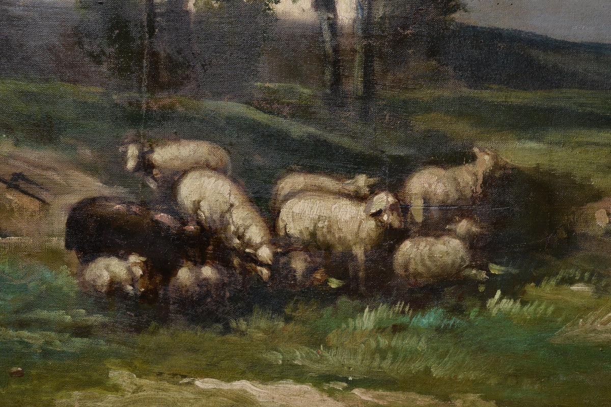 Pastoral landscape Shepherd and Sheep early 20th century Barbizon style