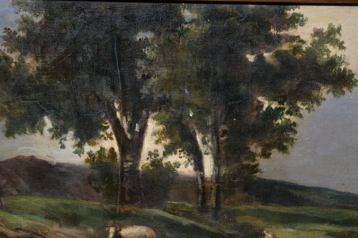 Pastoral landscape Shepherd and Sheep early 20th century Barbizon style