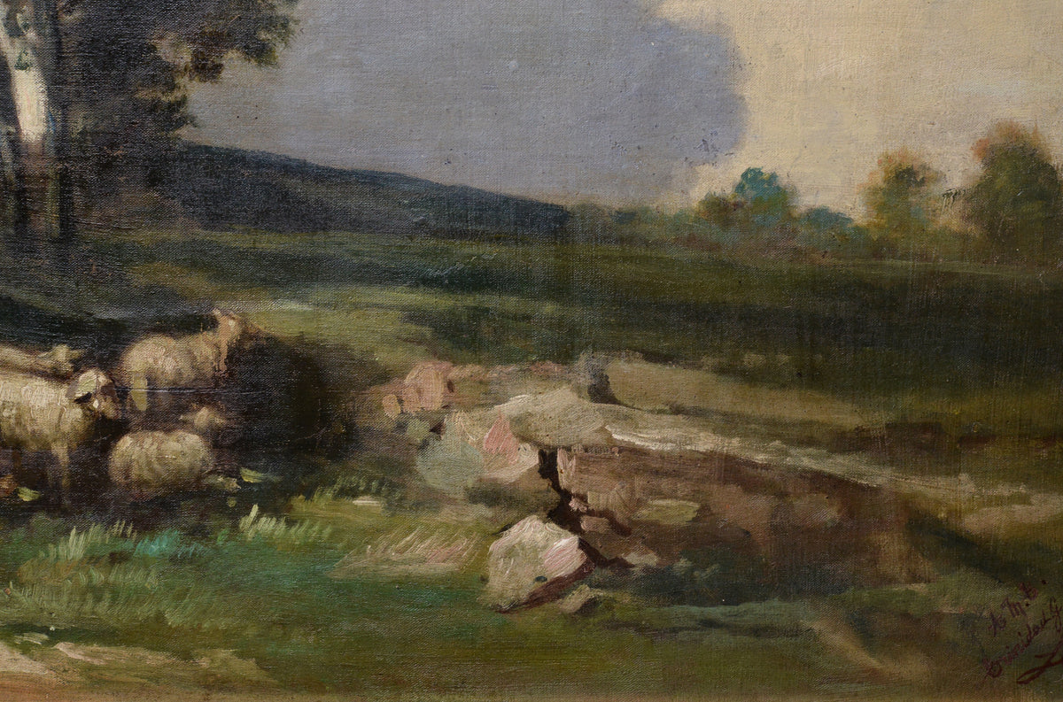 Pastoral landscape Shepherd and Sheep early 20th century Barbizon style