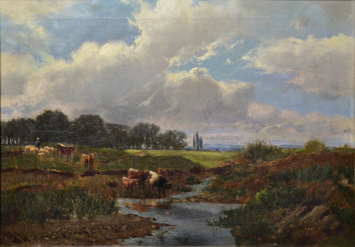 Pastoral landscape Cows at watering hole Mid 19th century German animalist