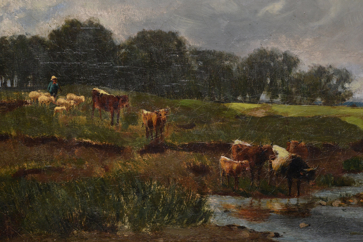 Pastoral landscape Cows at watering hole Mid 19th century German animalist