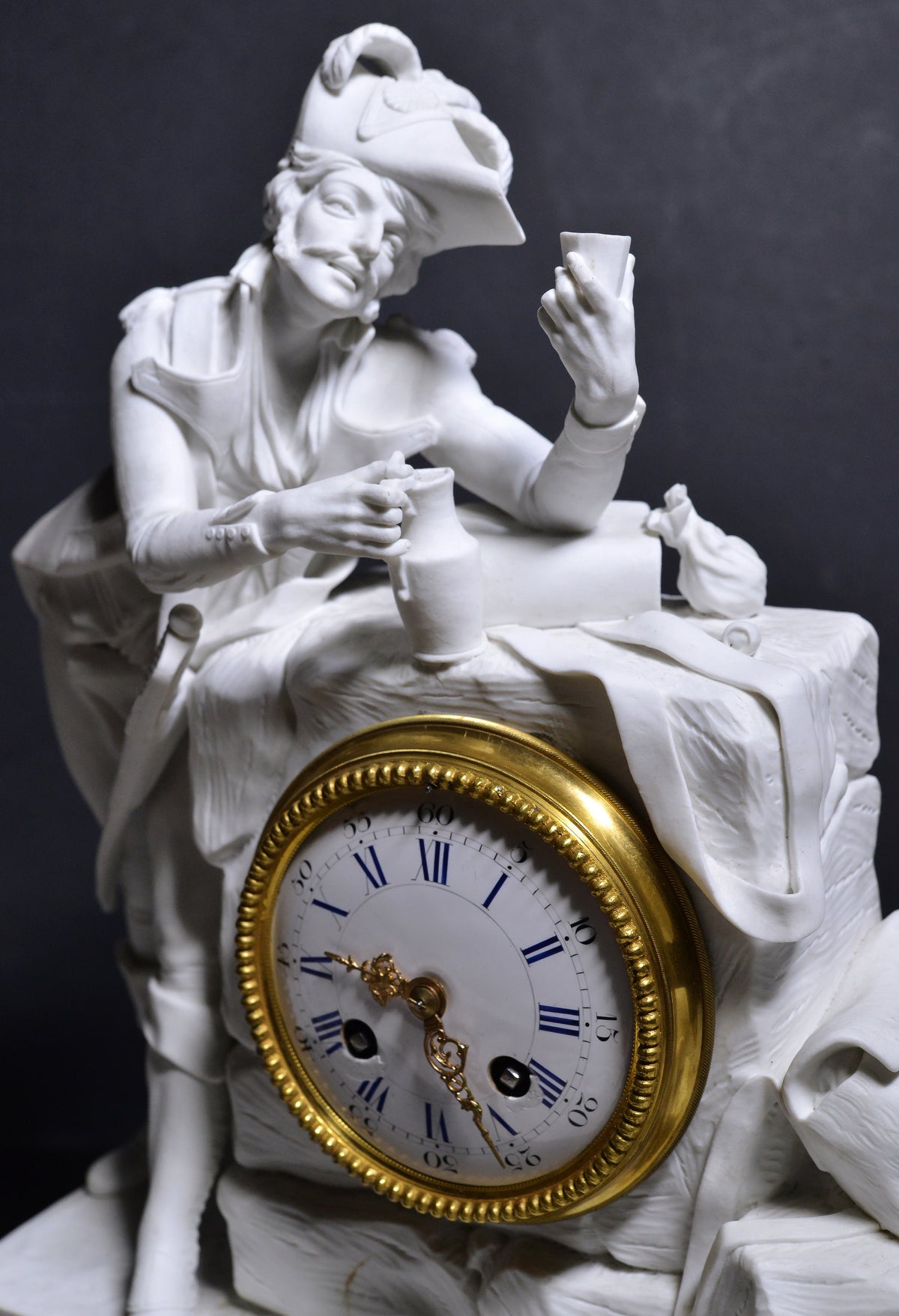 Figural Bisque Porcelain w Gilt Bronze Clock Napoleonic Officer 19th century