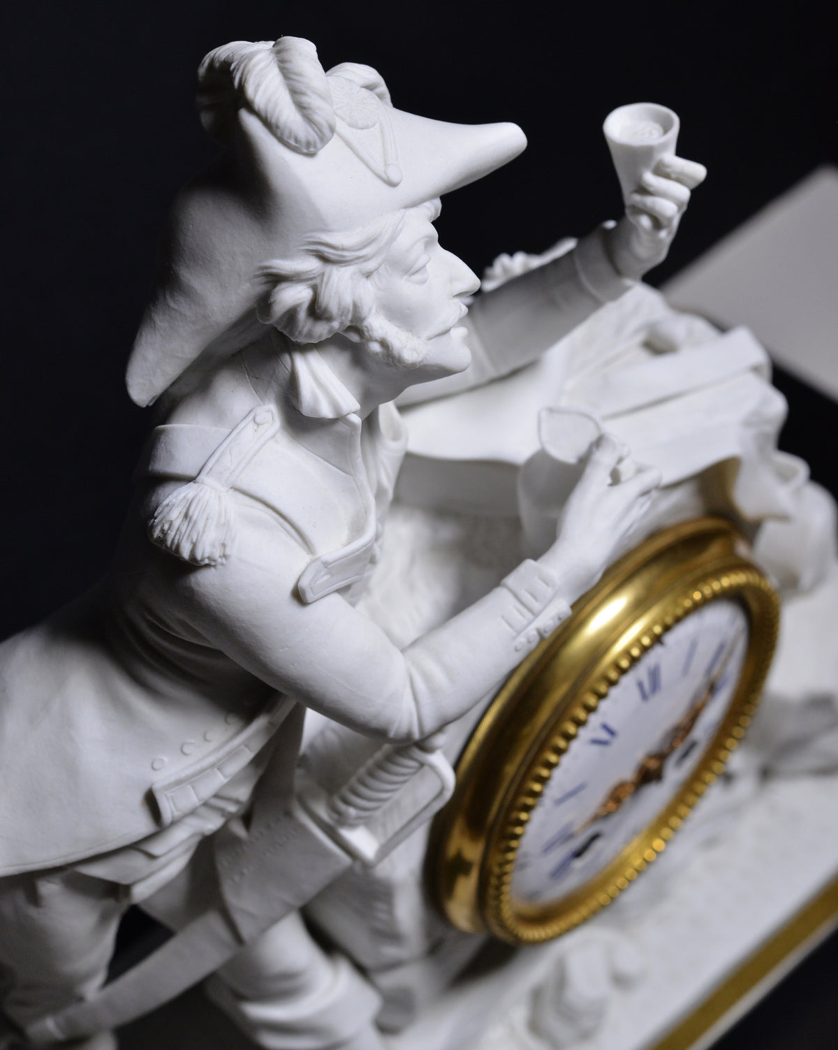 Figural Bisque Porcelain w Gilt Bronze Clock Napoleonic Officer 19th century