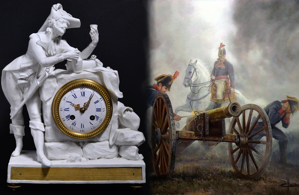 Figural Bisque Porcelain w Gilt Bronze Clock Napoleonic Officer 19th century