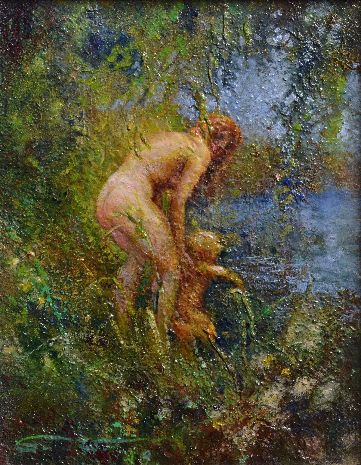 Woman Bathes Child in River ca 1932 Oil Painting by Swedish Master Widholm