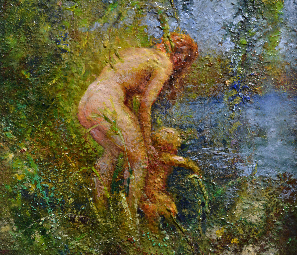 Woman Bathes Child in River ca 1932 Oil Painting by Swedish Master Widholm