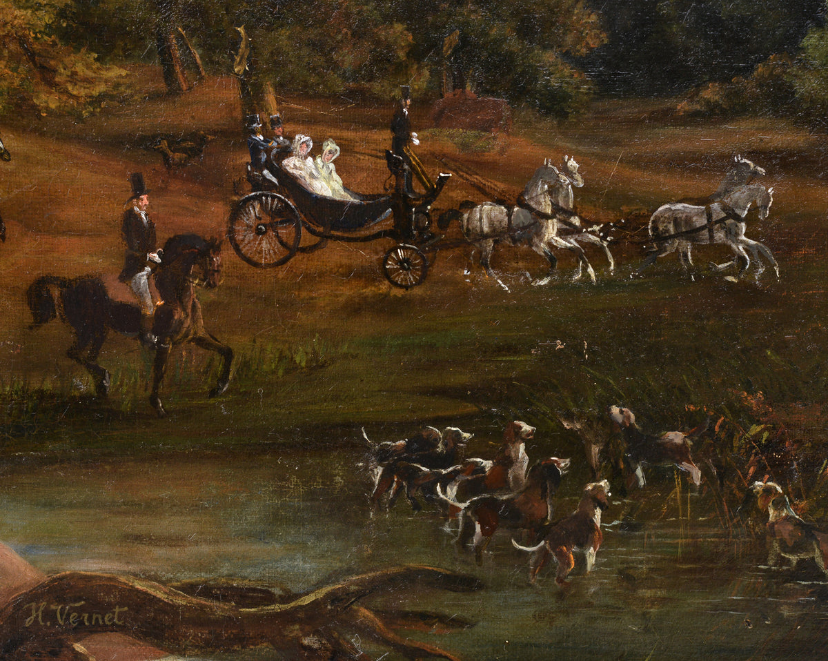 Crowded Hunting Scene in Wooded Landscape 19th century Oil Painting Signed