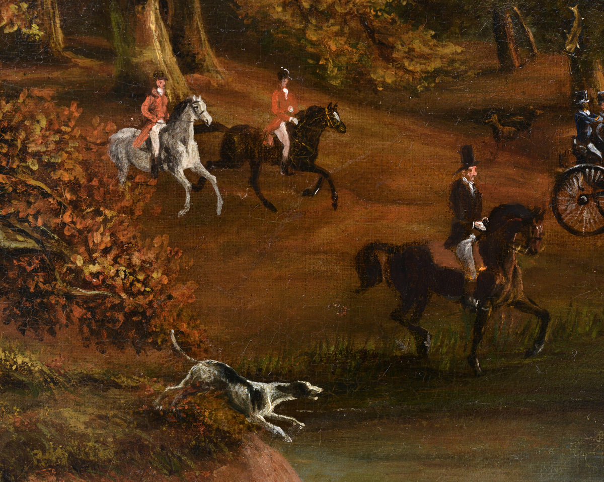 Crowded Hunting Scene in Wooded Landscape 19th century Oil Painting Signed