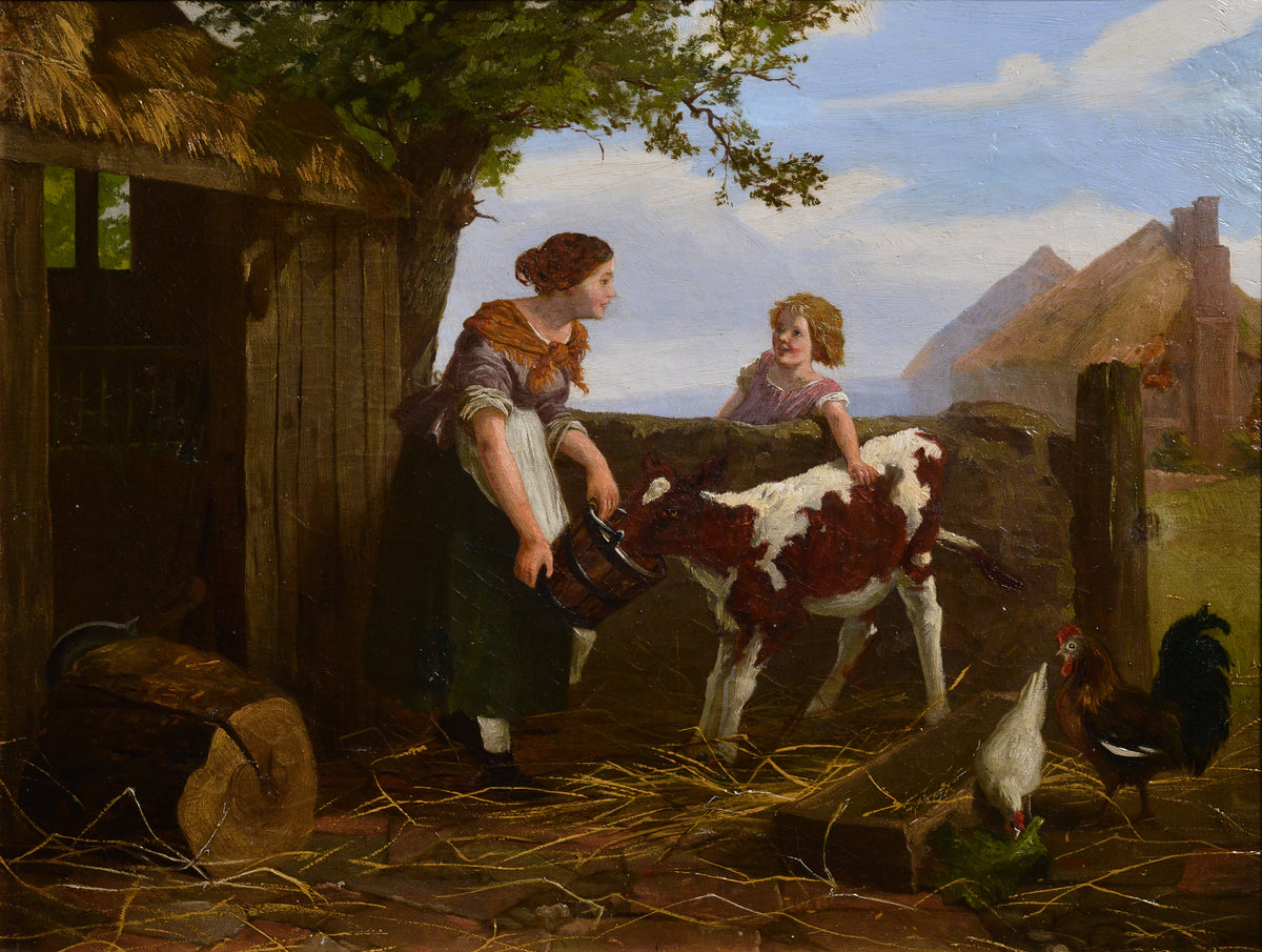 Feeding a Calf Lovely Farm Scene with Redhead Girl mid 19th Century Oil Painting