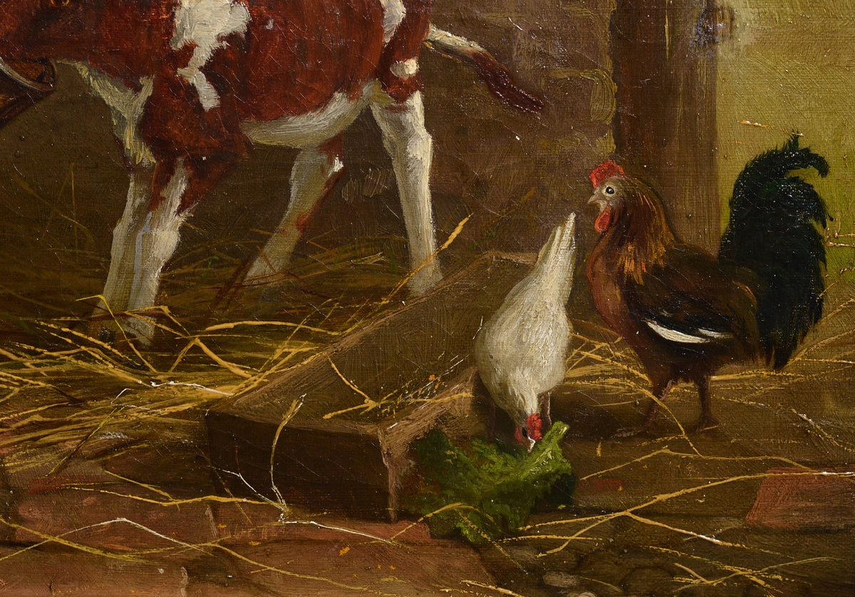 Feeding a Calf Lovely Farm Scene with Redhead Girl mid 19th Century Oil Painting