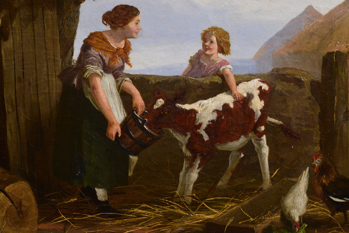 Feeding a Calf Lovely Farm Scene with Redhead Girl mid 19th Century Oil Painting