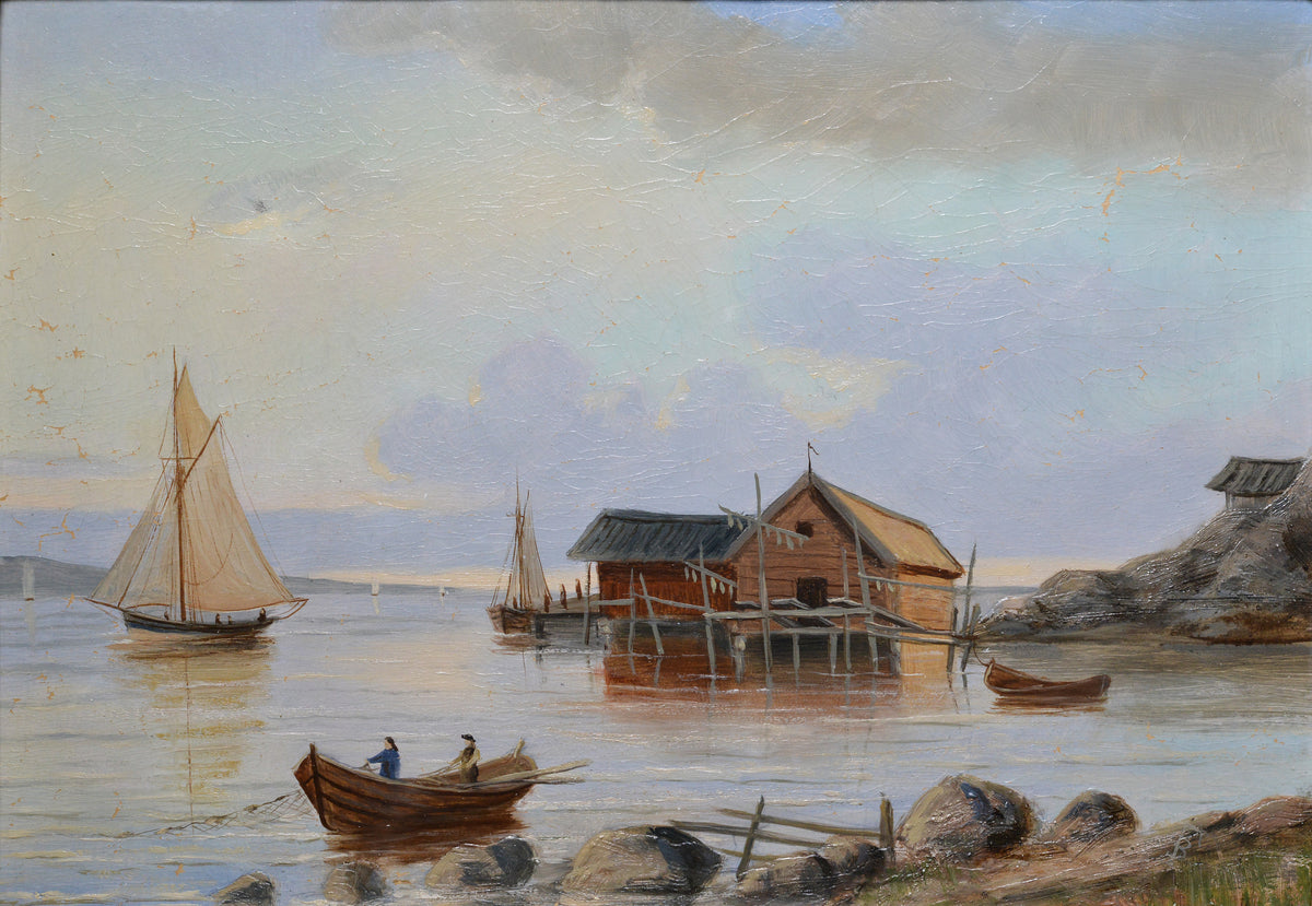 Seascape Sailing Fishing Boats and Pier early 20th century Swedish Oil Painting