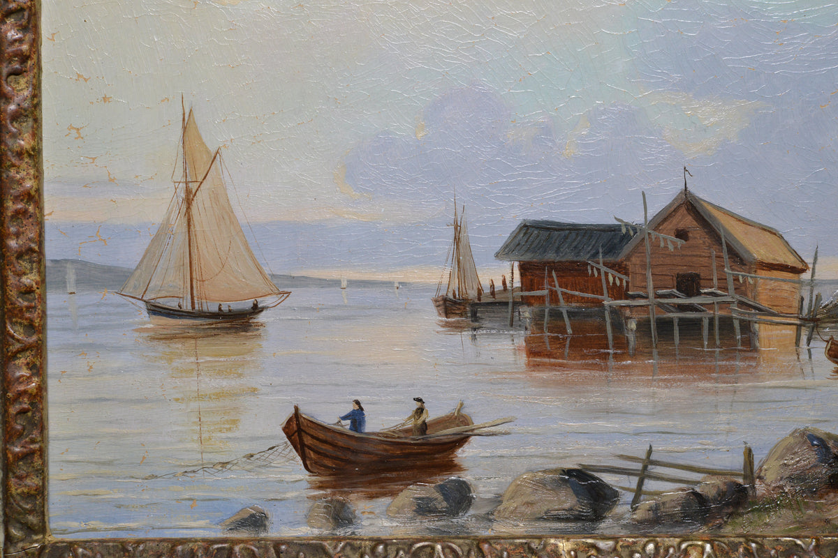 Seascape Sailing Fishing Boats and Pier early 20th century Swedish Oil Painting