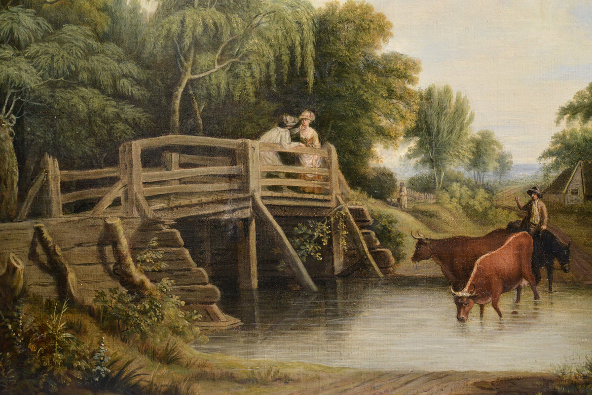 Pastoral Landscape Meeting on Bridge Early 19th century Oil Painting on Canvas