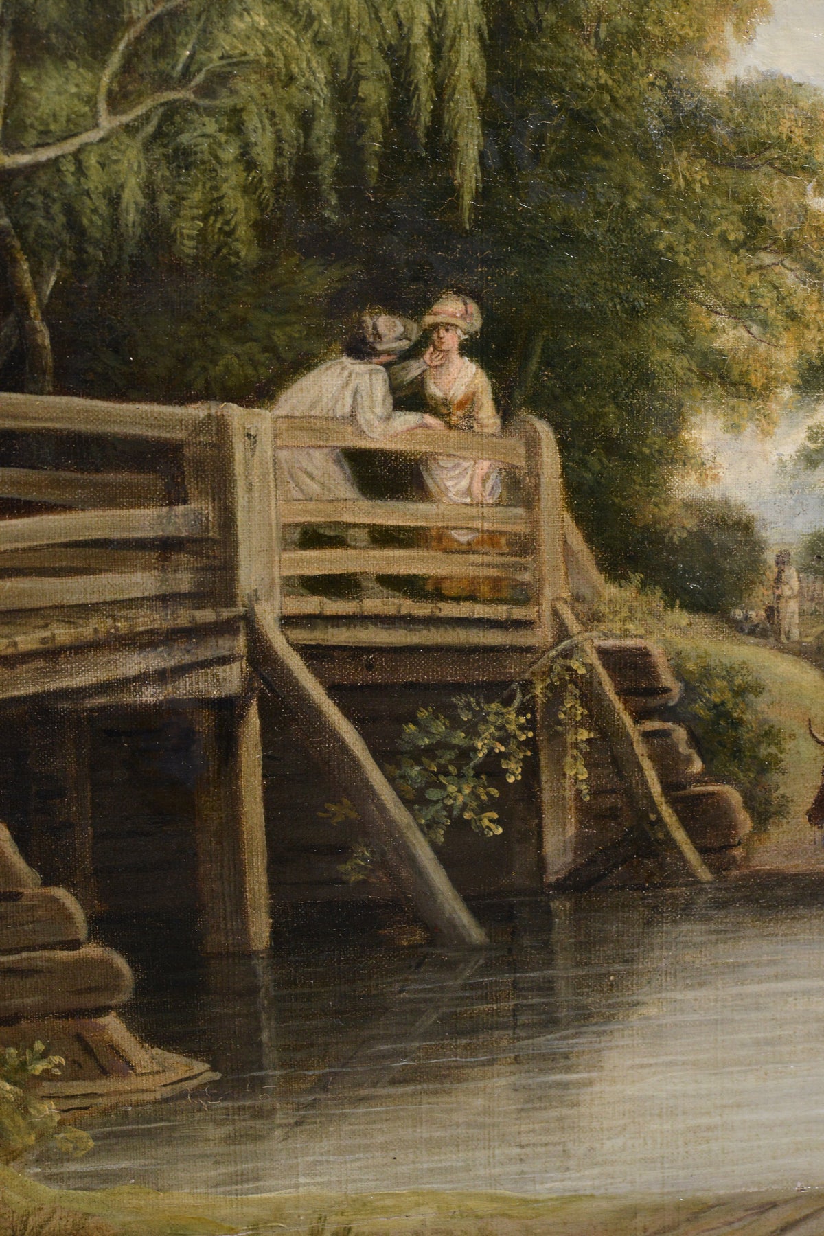 Pastoral Landscape Meeting on Bridge Early 19th century Oil Painting on Canvas