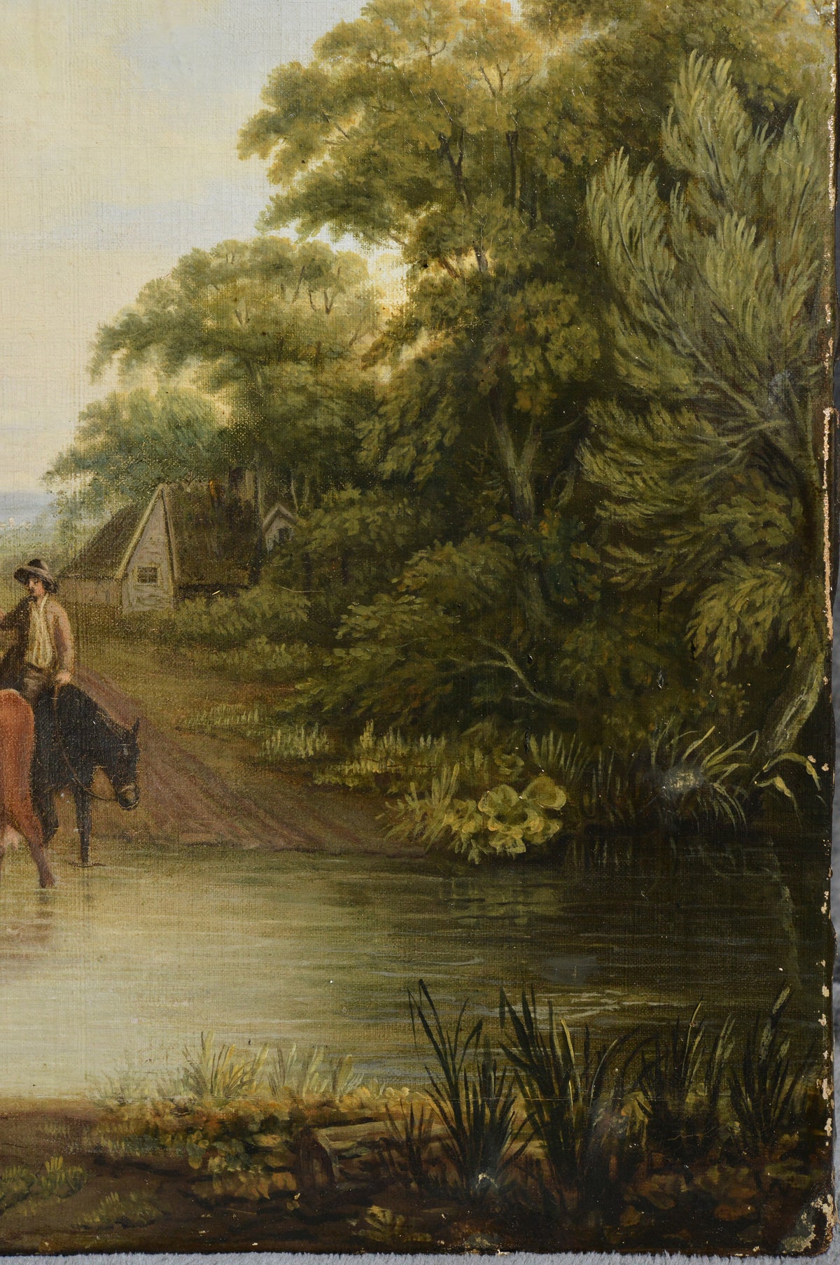 Pastoral Landscape Meeting on Bridge Early 19th century Oil Painting on Canvas