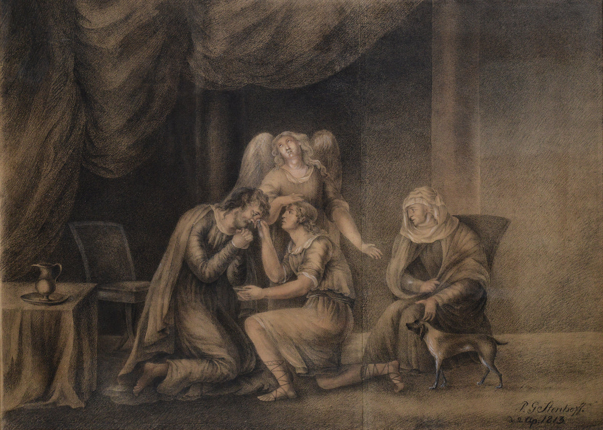 Old Testament Scene with Angel 1813 Large Grisaille Drawing on Paper Signed