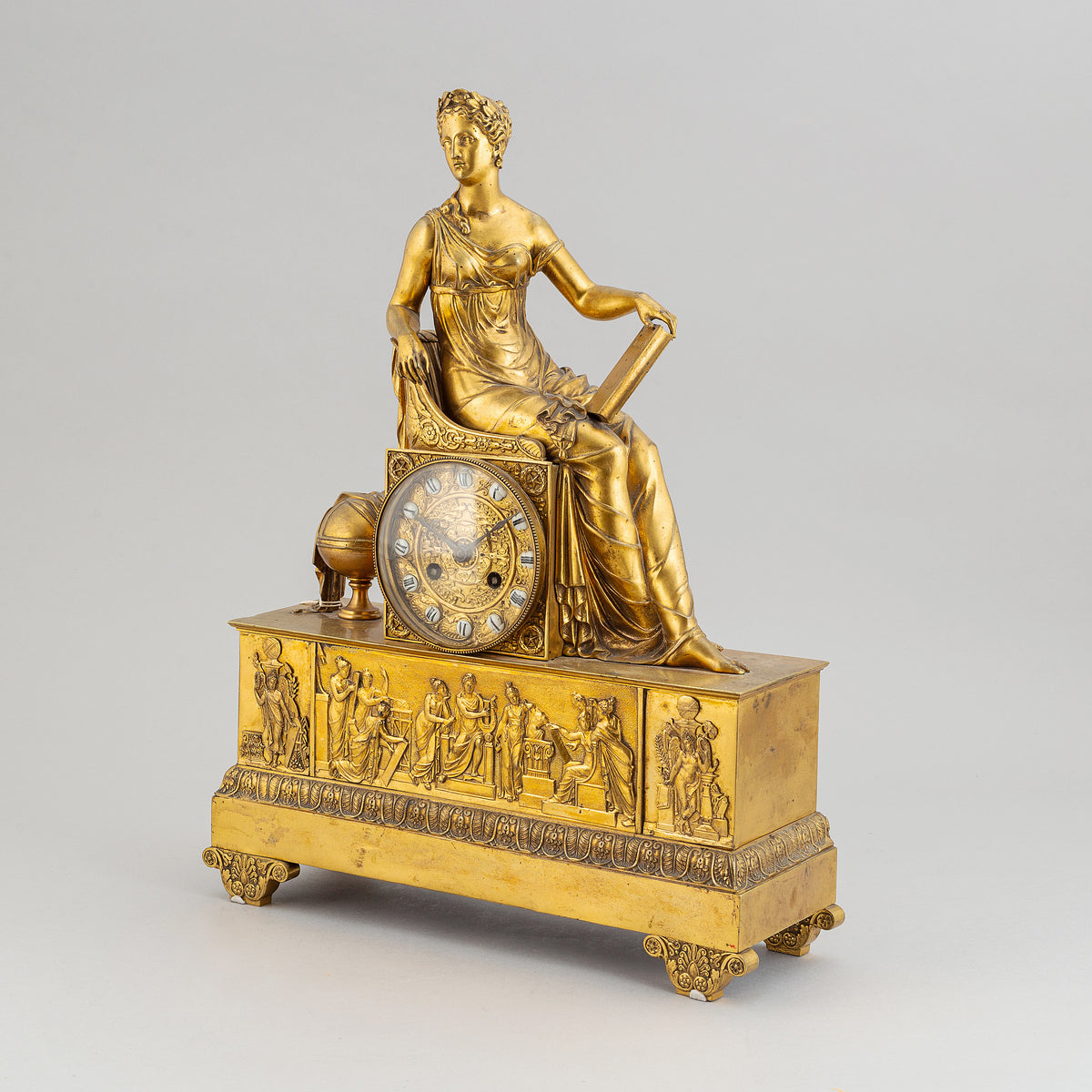 Awesome 19C antique French gilded bronze clock greek goddess of truth Aletheia