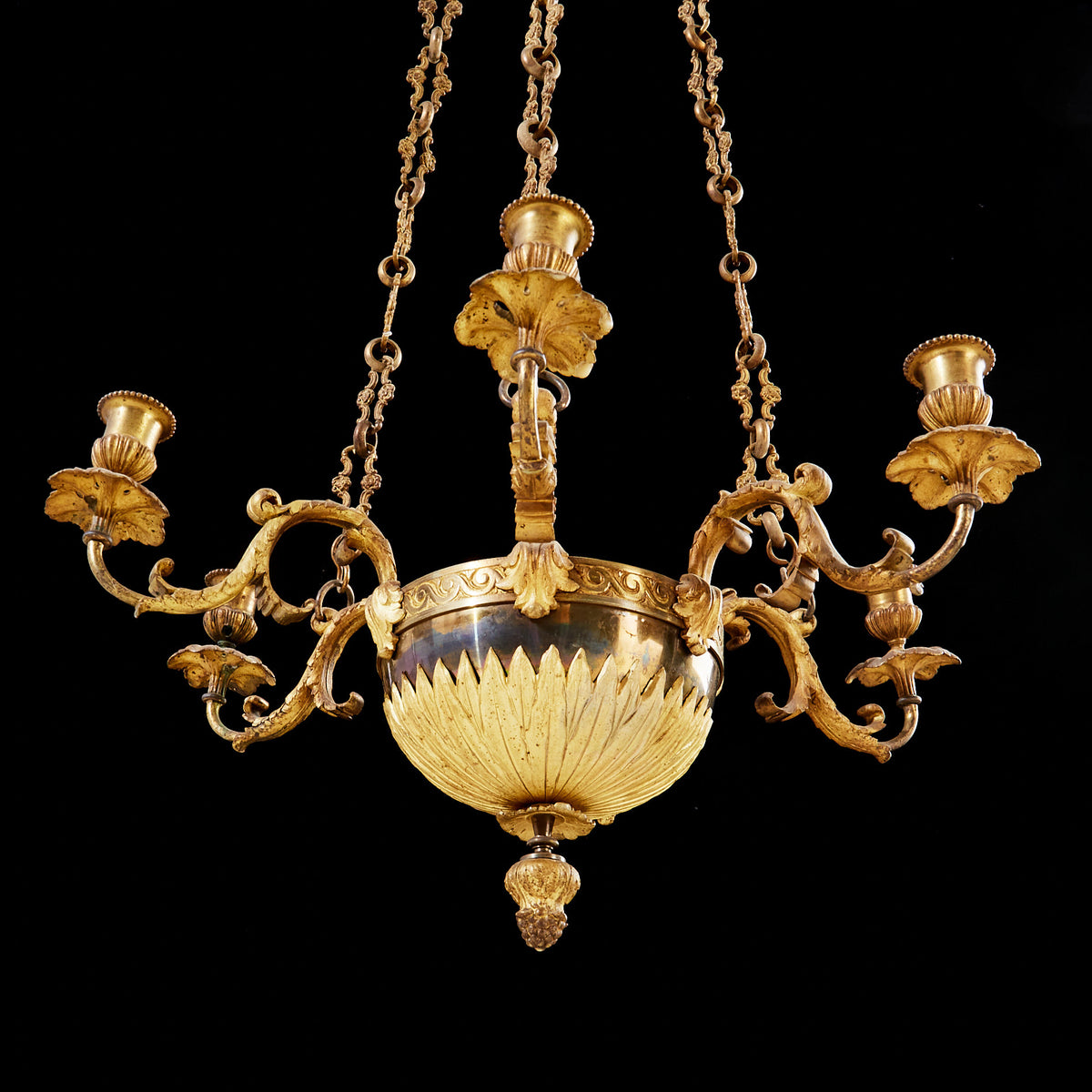 ca 1890 Antique Swedish Neoclassical Gilt Bronze Chandelier by Bohlmark