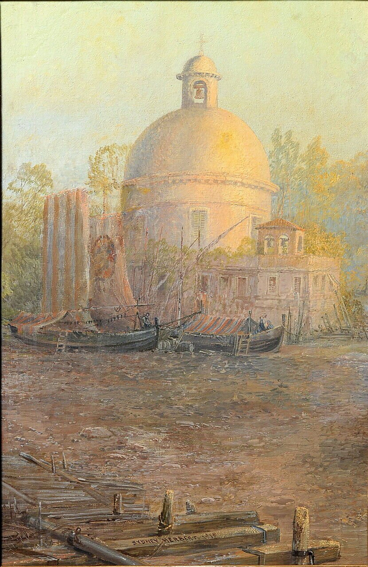 Antique 1878 British S. HERBERT painting oil on paperboard Sunrise Haze n Venice