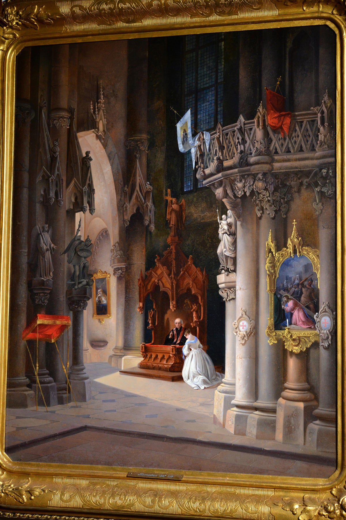 Exceptional detail cathedral interior with scene of confession by Austrian master 1847