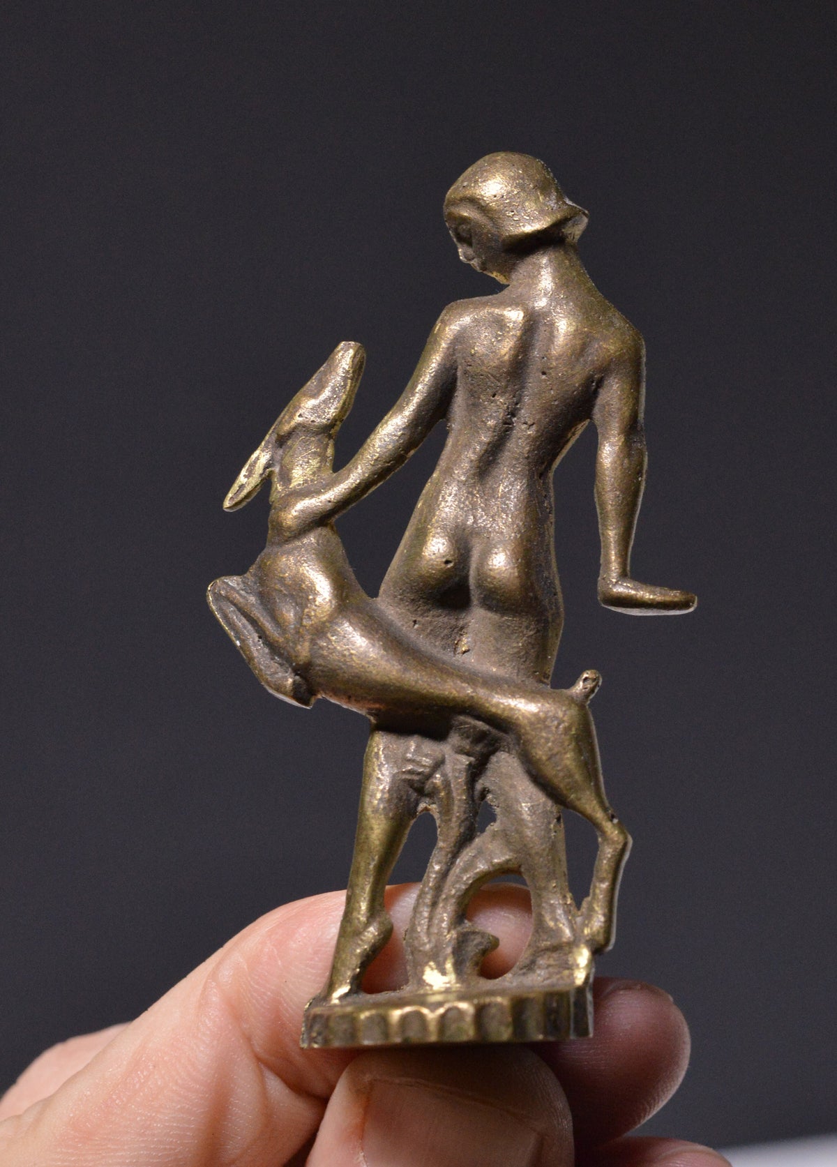 early 20C bronze miniature art deco figurine wax seal nude Diana w young roe Inactive