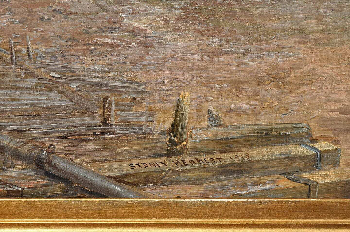 Antique 1878 British S. HERBERT painting oil on paperboard Sunrise Haze n Venice