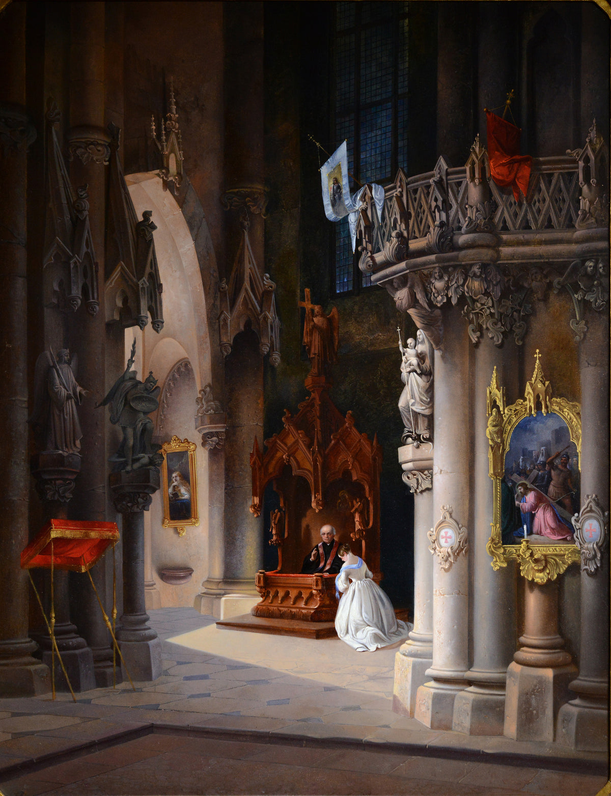 Exceptional detail cathedral interior with scene of confession by Austrian master 1847