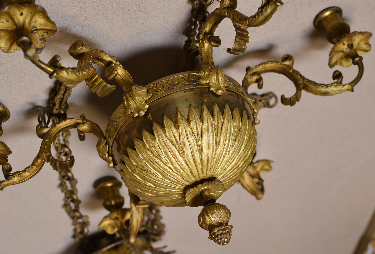 ca 1890 Antique Swedish Neoclassical Gilt Bronze Chandelier by Bohlmark