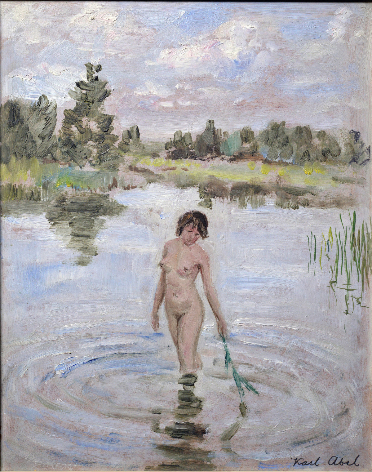 Nude bather Landscape by Swedish impressionist early 20th century Oil painting