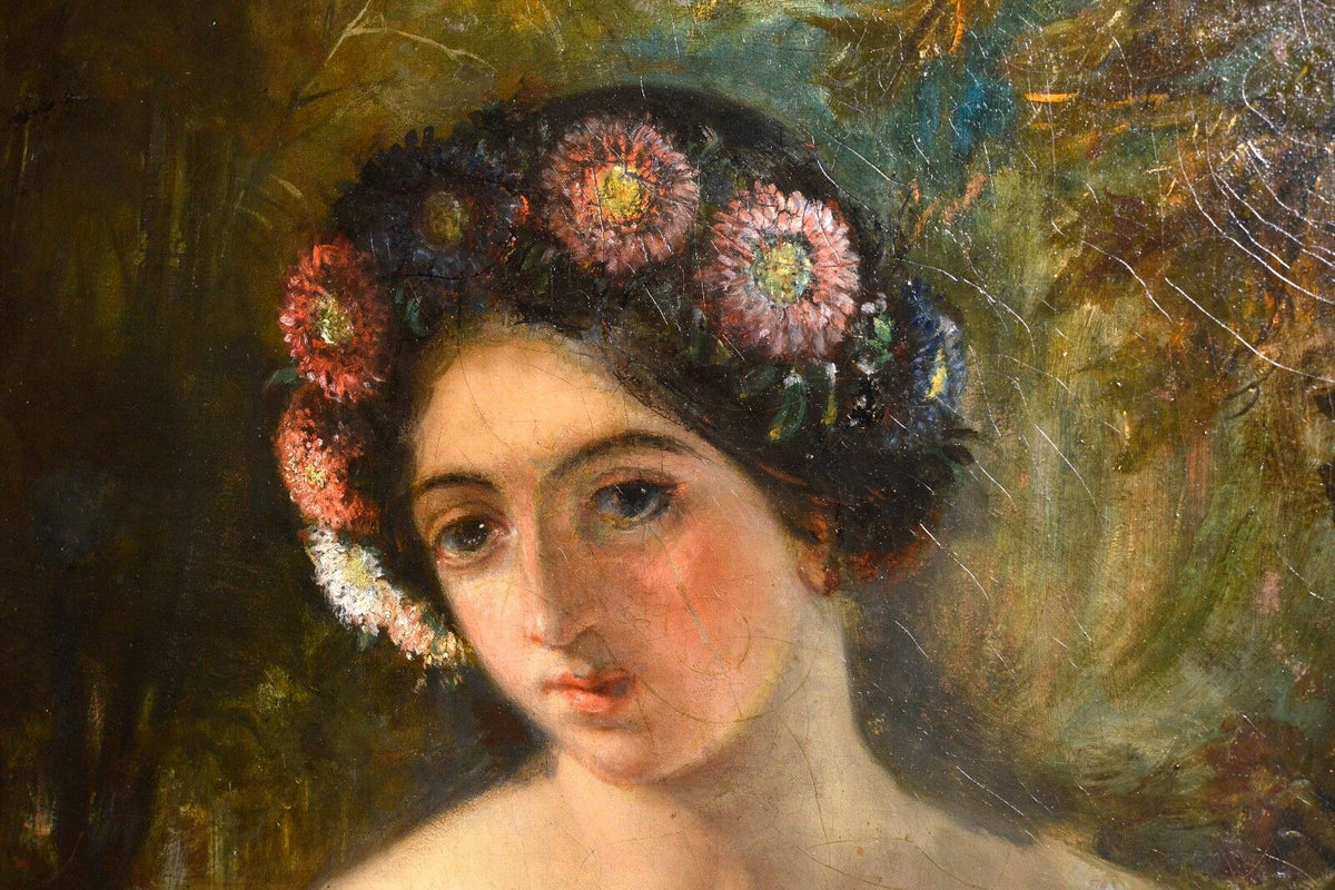 19C antique oil painting by Muller de Paris girl portrait w flower wreath