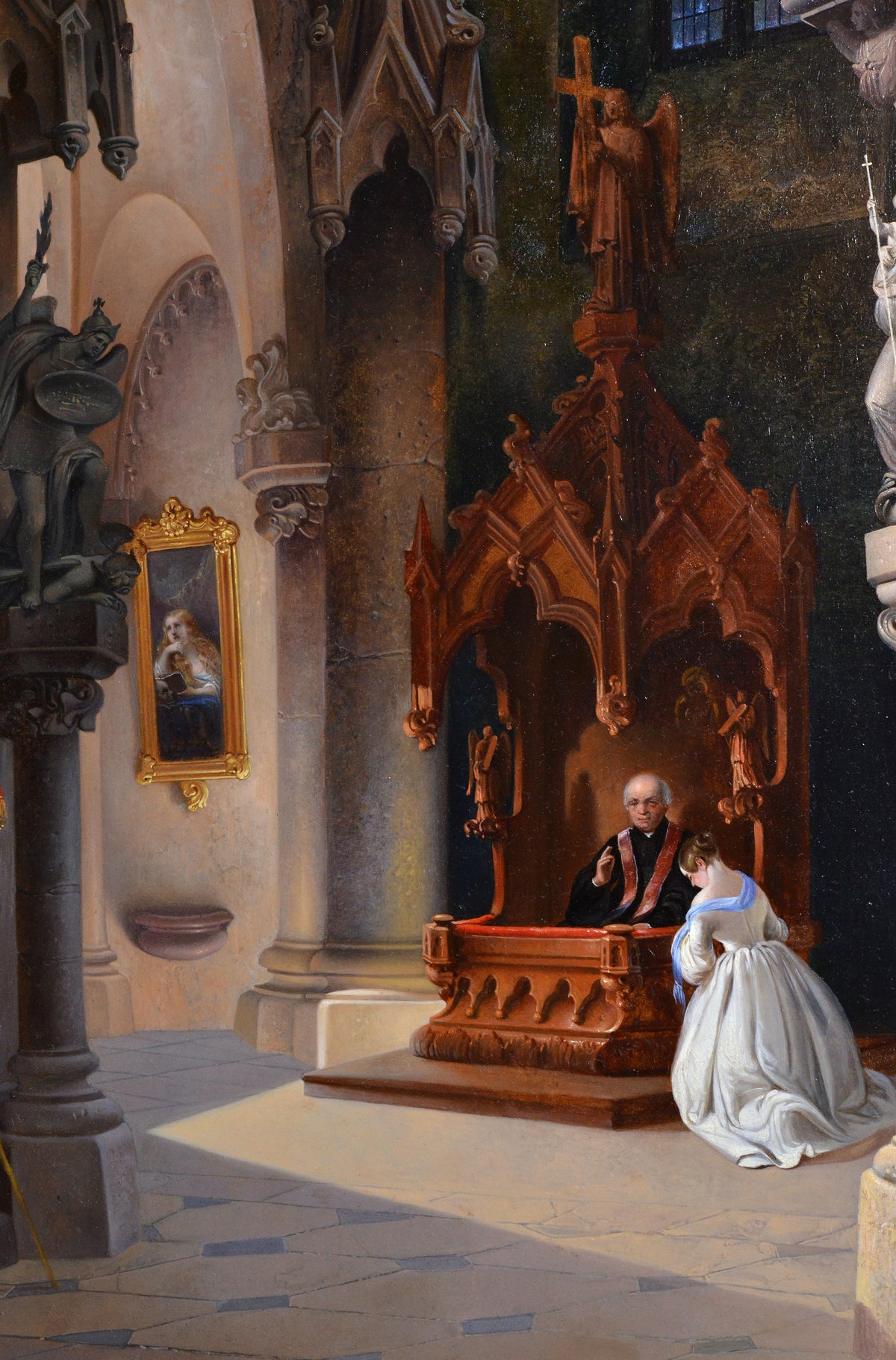 Exceptional detail cathedral interior with scene of confession by Austrian master 1847