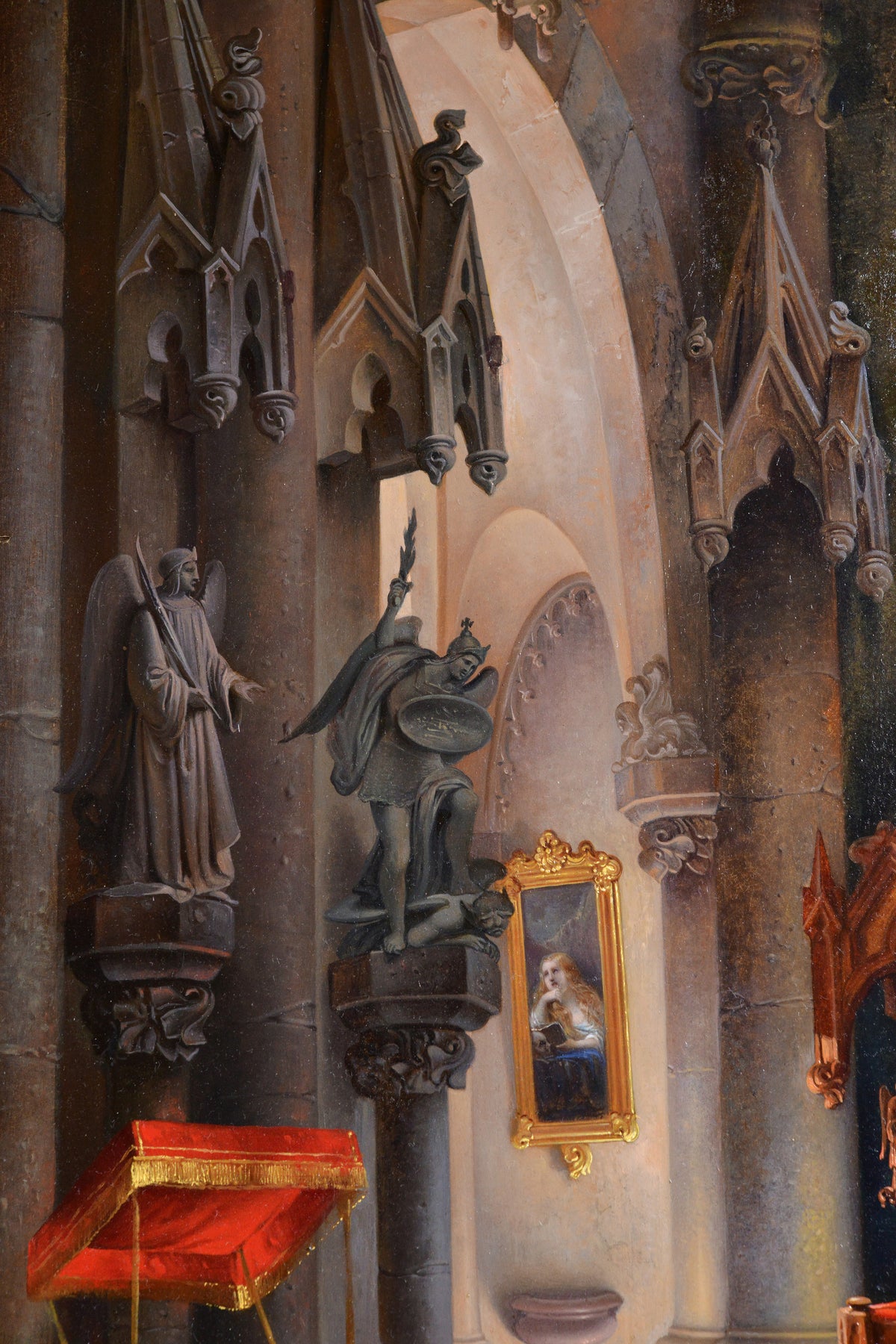 Exceptional detail cathedral interior with scene of confession by Austrian master 1847