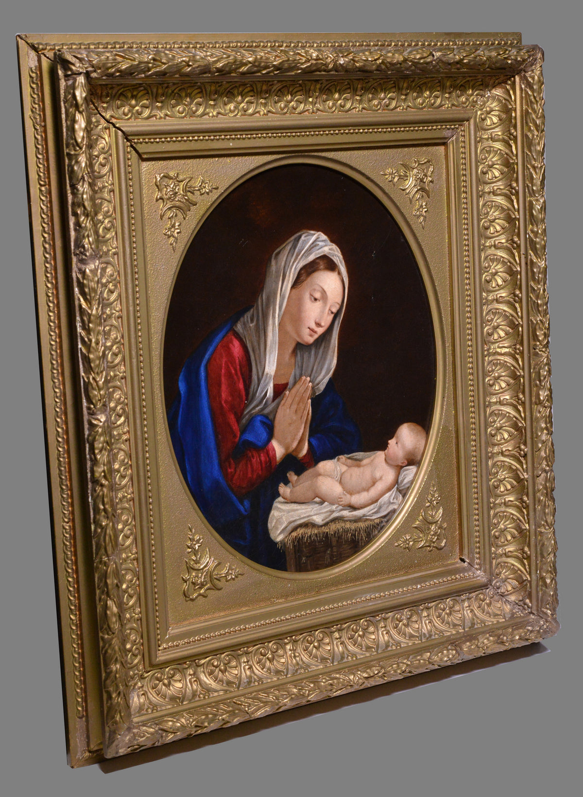 Religious scene Madonna Bending and Praying over Child 19th century Oil painting