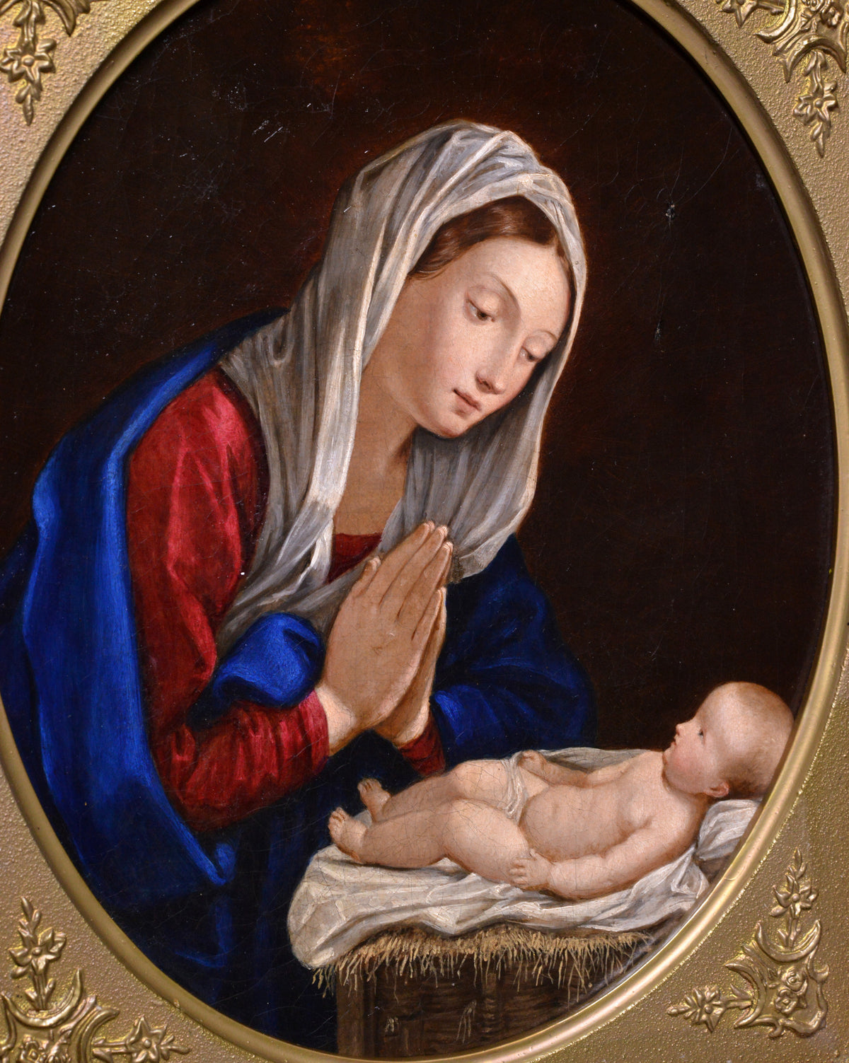 Religious scene Madonna Bending and Praying over Child 19th century Oil painting