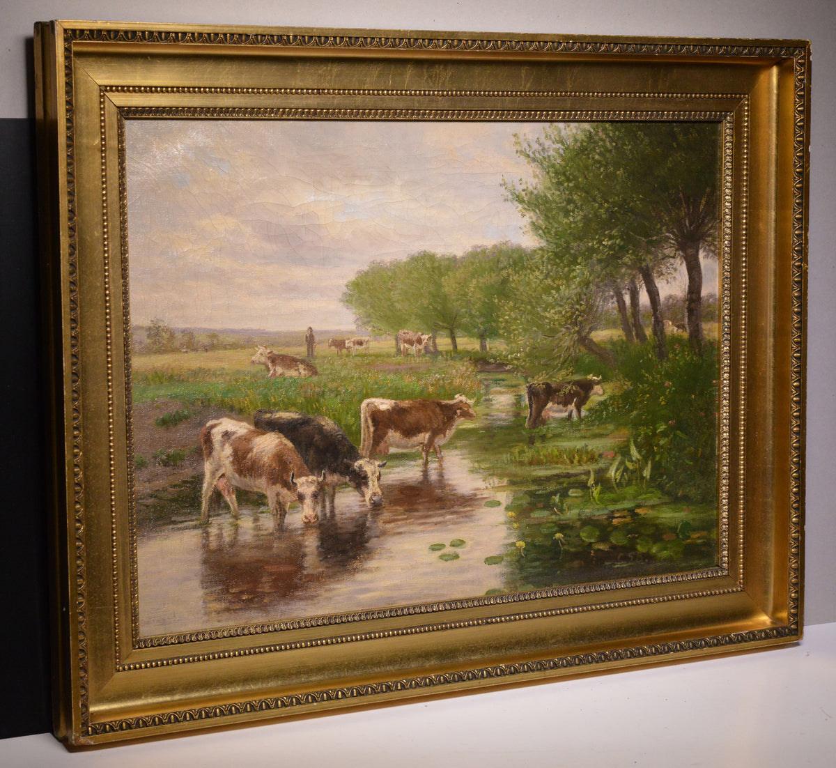 Danish pastoral summer landscape Сows at waterhole 19th century Oil painting