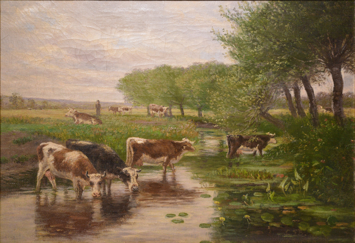 Danish pastoral summer landscape Сows at waterhole 19th century Oil painting