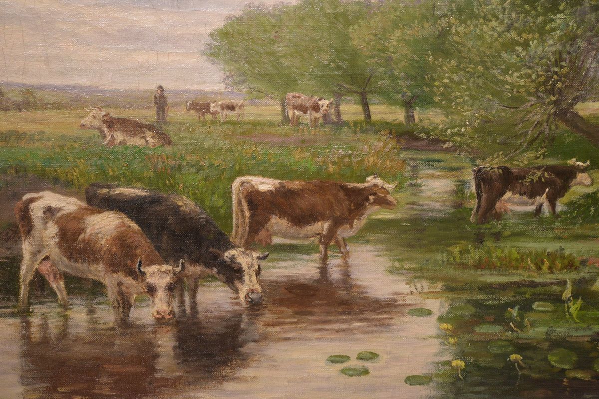 Danish pastoral summer landscape Сows at waterhole 19th century Oil painting