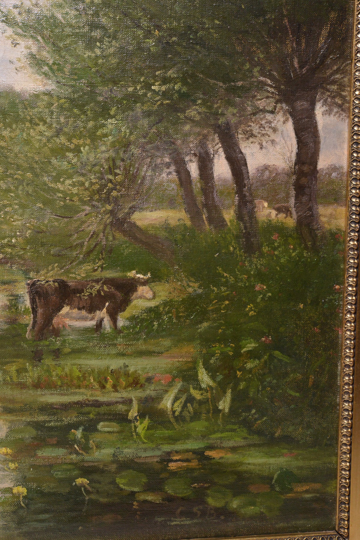 Danish pastoral summer landscape Сows at waterhole 19th century Oil painting